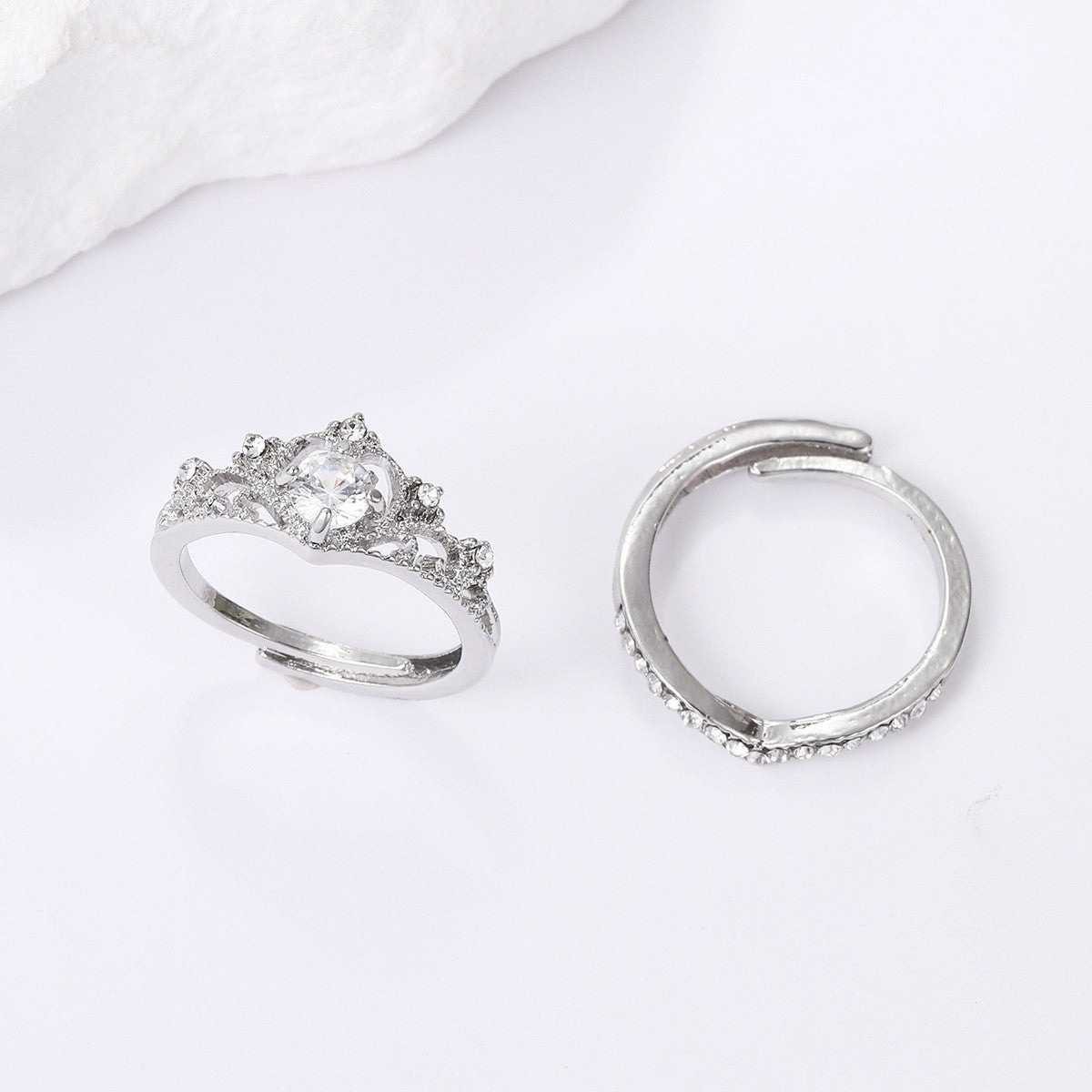 Simple Crown Crystal Adjustable Women's Ring Set