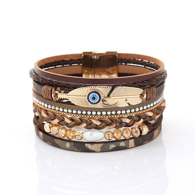 Devil's Eye Feather Multi-Layer Leather Beaded Women's Bracelet with Magnetic Clasp