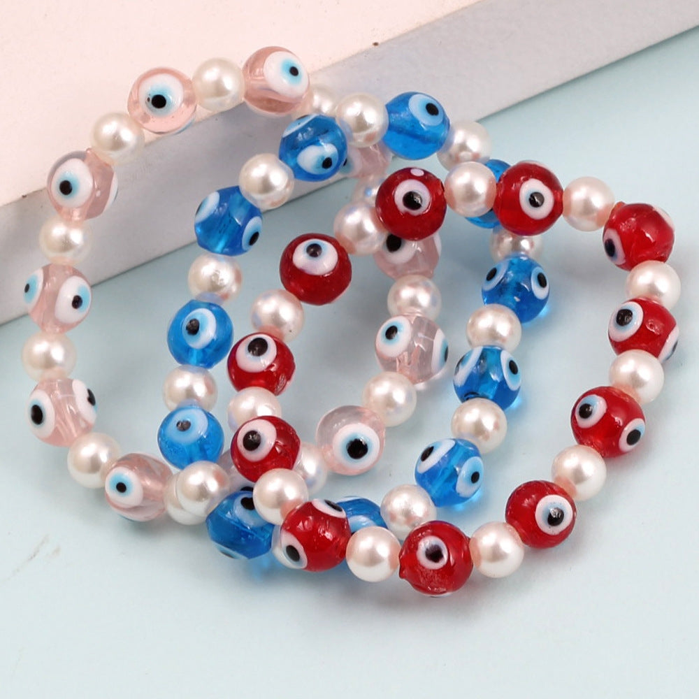 Simple Devil's Eye Imitation Pearl Blue Glass Beaded Bracelet