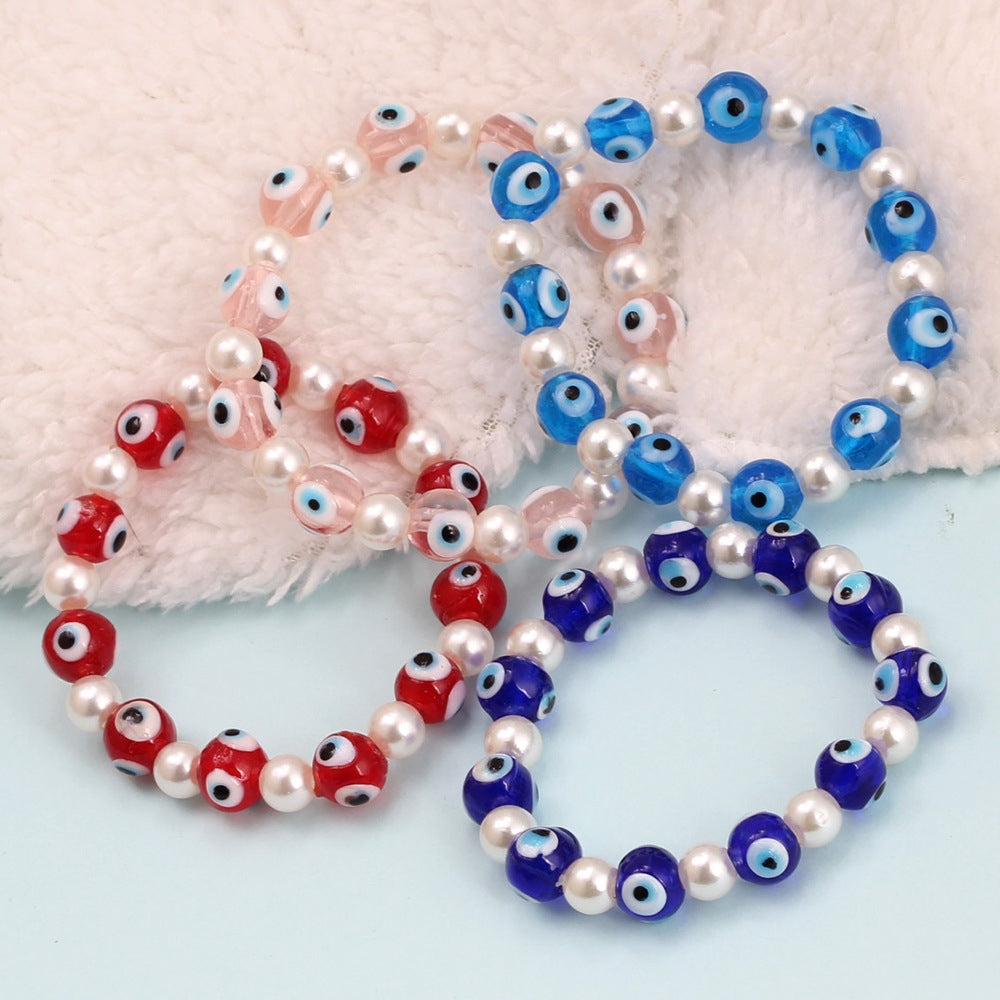 Simple Devil's Eye Imitation Pearl Blue Glass Beaded Bracelet