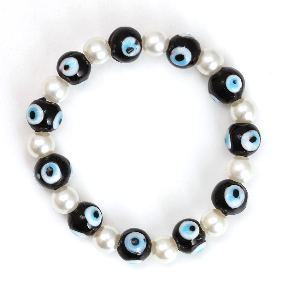 Simple Devil's Eye Imitation Pearl Blue Glass Beaded Bracelet