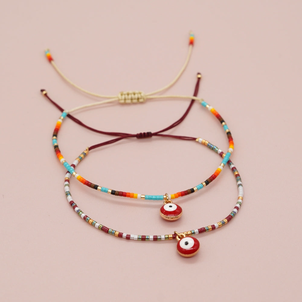 Simple Bohemian Eye Alloy Braid Bracelet with Colorful Rice Beads