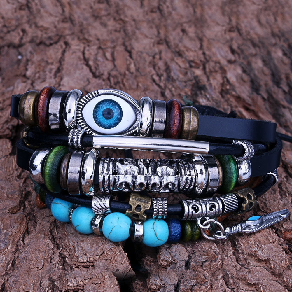 Unisex Bohemian Layered Bracelets with Turquoise Eye and Vintage Metal Feather Pendants