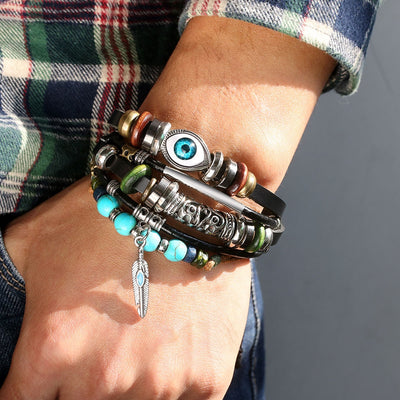 Unisex Bohemian Layered Bracelets with Turquoise Eye and Vintage Metal Feather Pendants