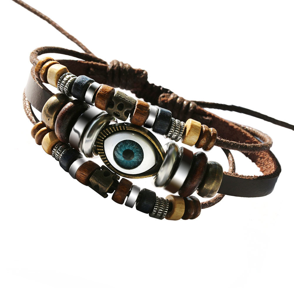 Unisex Bohemian Layered Bracelets with Turquoise Eye and Vintage Metal Feather Pendants