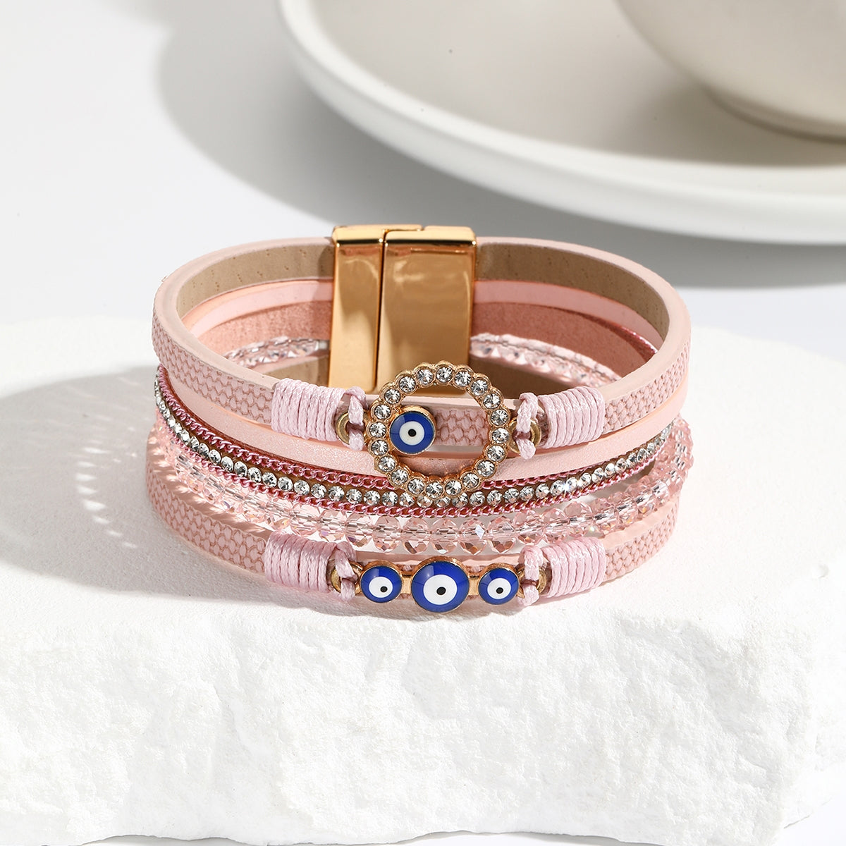 Simple Bohemian PU Leather Bracelet with Artificial Diamond and Magnetic Clasp