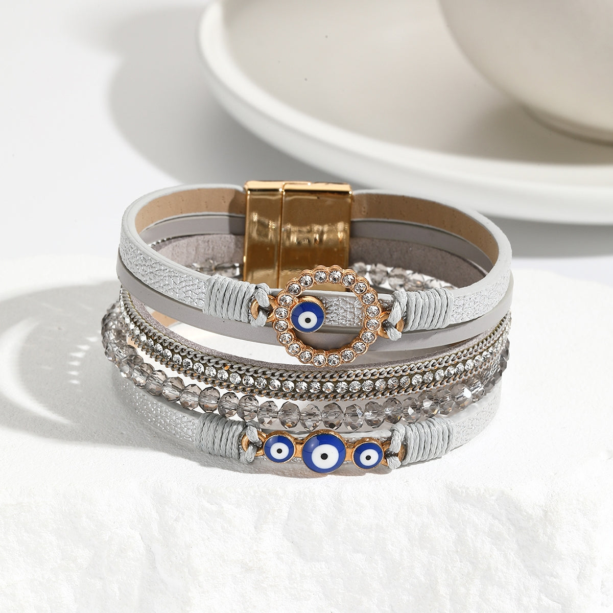 Simple Bohemian PU Leather Bracelet with Artificial Diamond and Magnetic Clasp