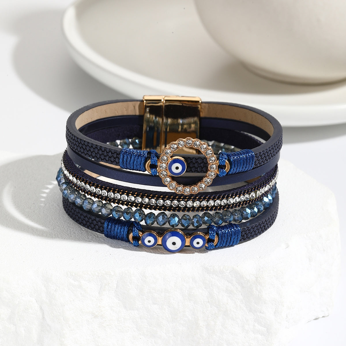 Simple Bohemian PU Leather Bracelet with Artificial Diamond and Magnetic Clasp