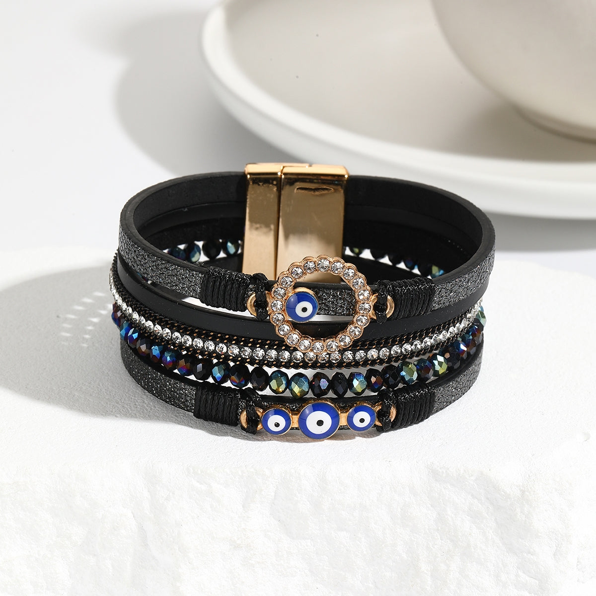 Simple Bohemian PU Leather Bracelet with Artificial Diamond and Magnetic Clasp