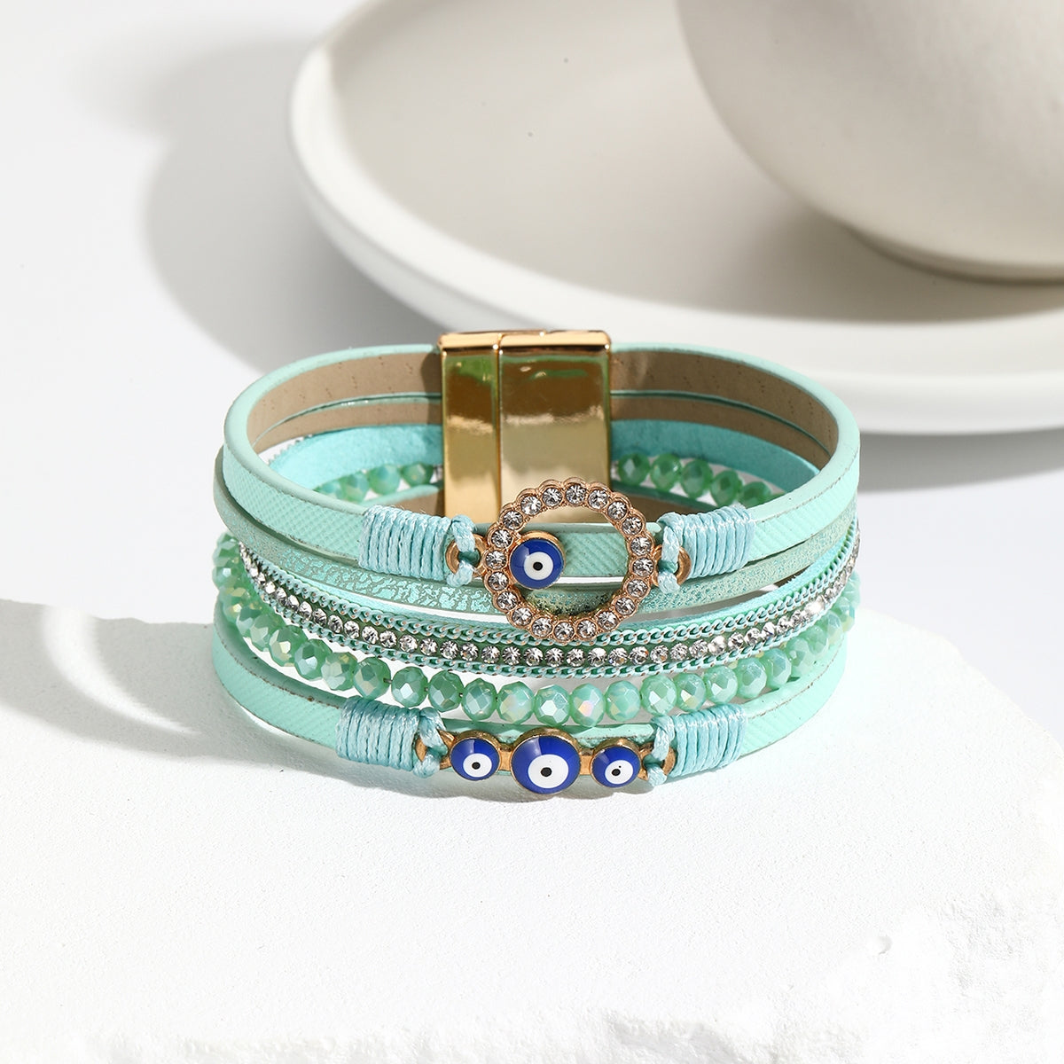 Simple Bohemian PU Leather Bracelet with Artificial Diamond and Magnetic Clasp