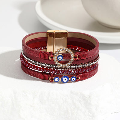 Simple Bohemian PU Leather Bracelet with Artificial Diamond and Magnetic Clasp