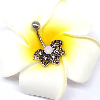 Simple Floral Titanium Plated Belly Ring with Inlaid Diamond