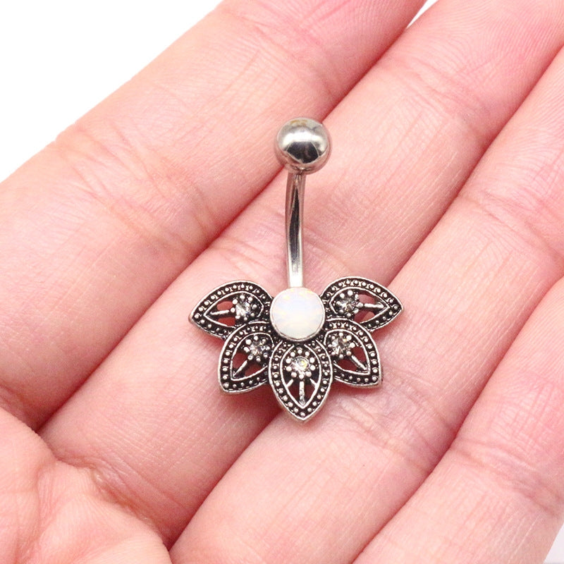 Simple Floral Titanium Plated Belly Ring with Inlaid Diamond