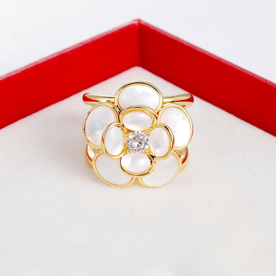 Simple Floral Stainless Steel Rhinestone Inlay Shell Scarf Ring for Women