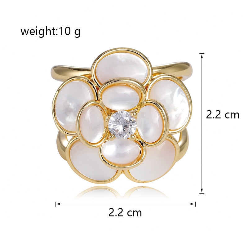 Simple Floral Stainless Steel Rhinestone Inlay Shell Scarf Ring for Women