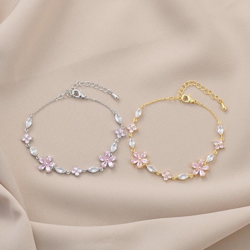 Simple Flower Zircon Petal Copper Bracelet for Women