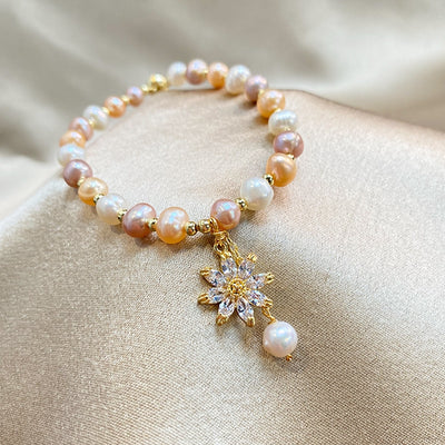 Simple Style Freshwater Pearl Bracelet with Zircon Sunflower Pendant