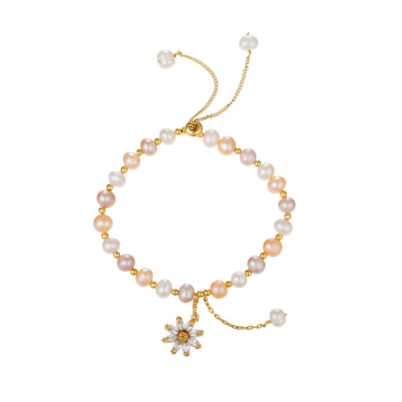 Simple Style Freshwater Pearl Bracelet with Zircon Sunflower Pendant