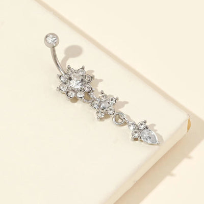 Stainless Steel Flower Rhinestone Navel Ring with Pendant