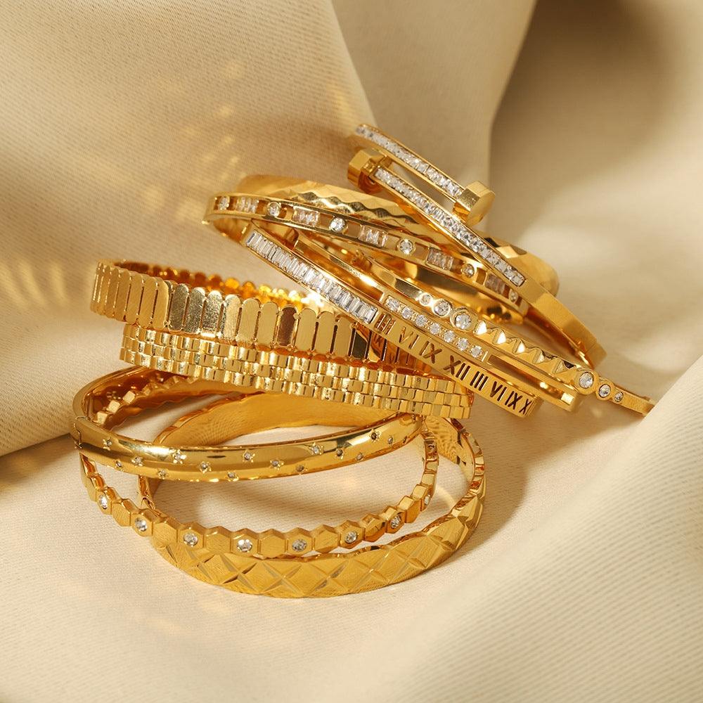 18K Gold Plated Geometric Zircon Bangle with Roman Numerals and Star Design