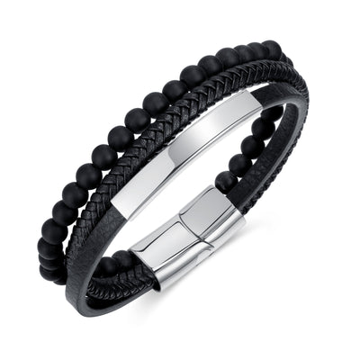 Geometric Stainless Steel & Leather Magnetic Buckle Men's Bracelet with Vintage Glass Beads