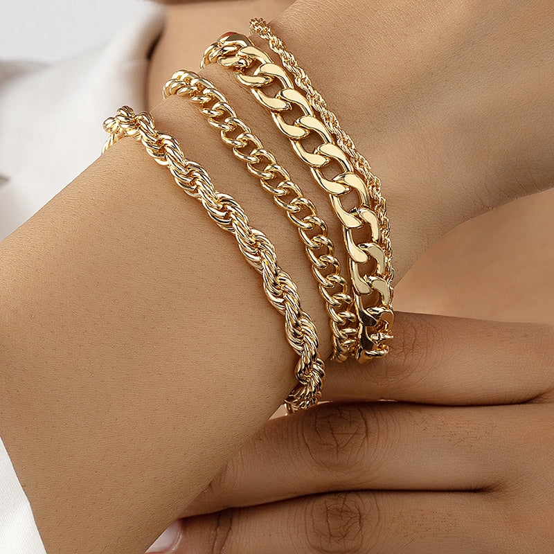 14k Gold Plated Geometric Layered Stainless Steel Chain Bracelet for Women