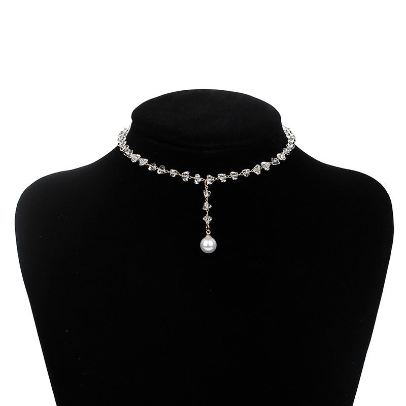 Simple Geometric Alloy Choker Necklace with Artificial Crystal and Pearl Inlay