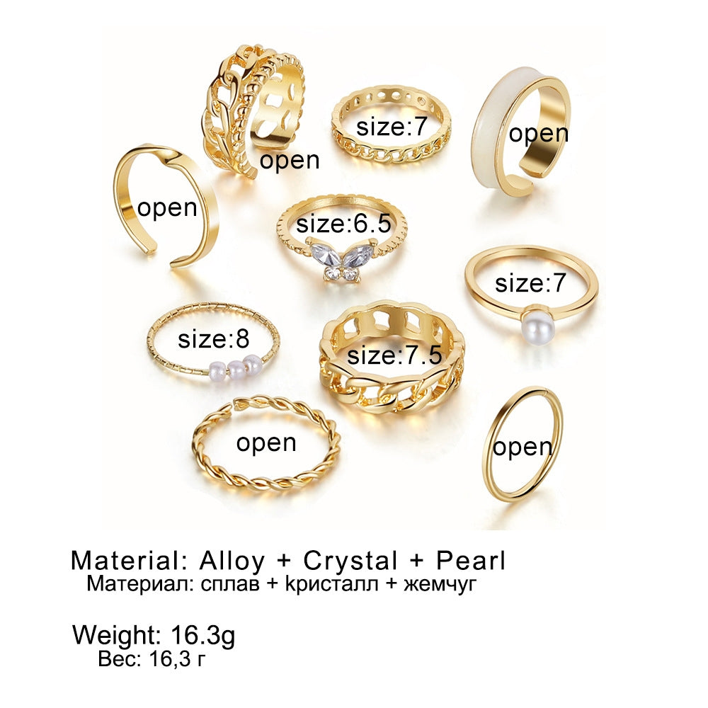 Simple Geometric Alloy Pearl Rhinestone Open Ring Set - 10 Pieces Vintage Chain & Butterfly Design