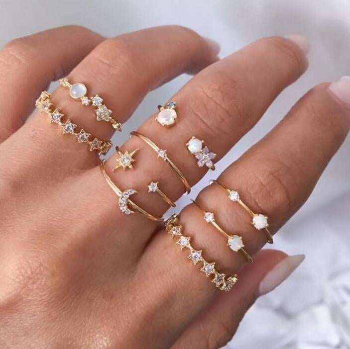 Simple Geometric Rhinestone Crescent Moon Ring Set - 9 Pieces