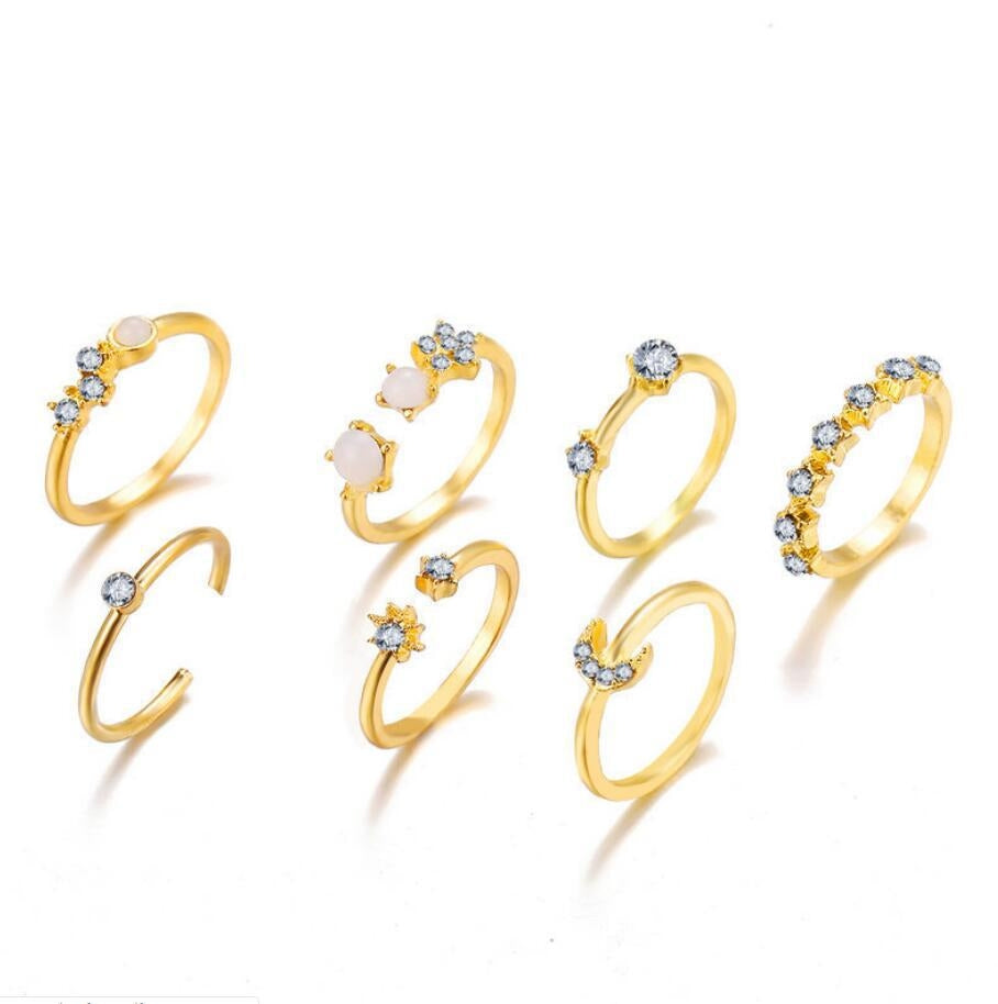 Simple Geometric Rhinestone Crescent Moon Ring Set - 9 Pieces