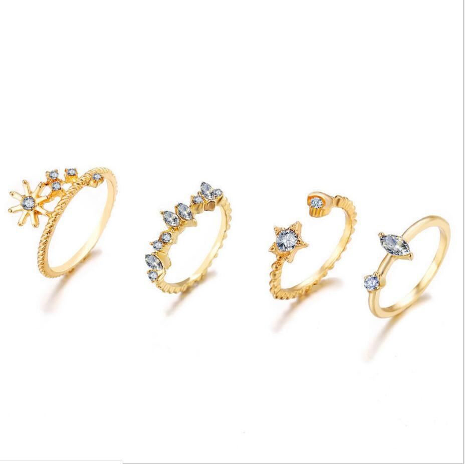 Simple Geometric Rhinestone Crescent Moon Ring Set - 9 Pieces