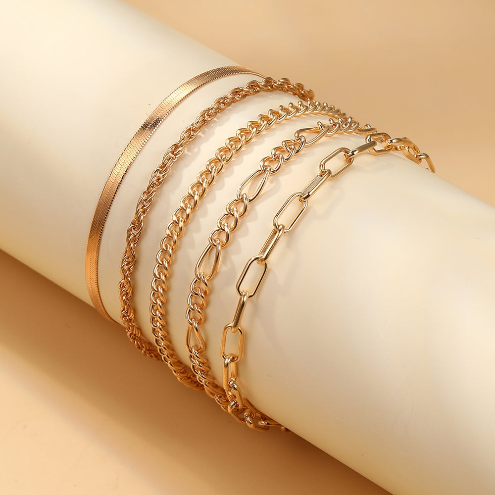 Geometric Alloy Plated Multi-Layer Chain Bracelet Set - 5 Piece