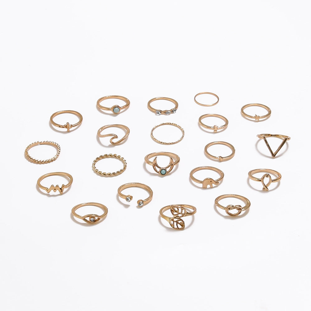 Simple Geometric Bohemian Leaf and Moon Ring Set - 20 Pieces