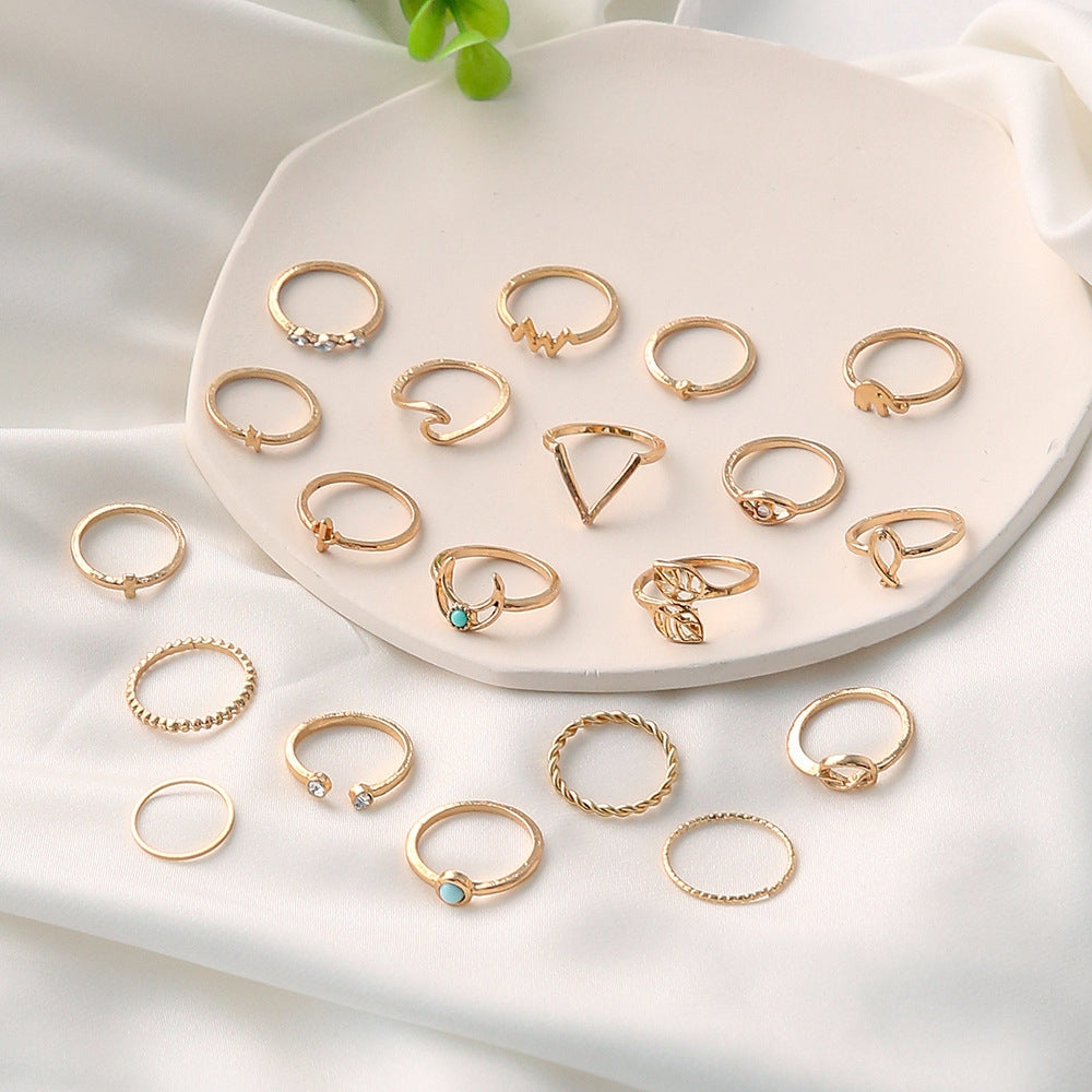 Simple Geometric Bohemian Leaf and Moon Ring Set - 20 Pieces