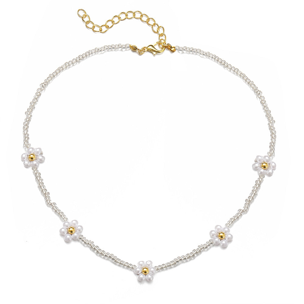 Simple Geometric Beaded Pearl Daisy Choker Necklace for Women