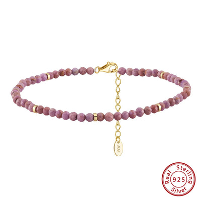 14K Gold Plated Geometric Beaded S925 Sterling Silver Anklet with Purple Mica Stone