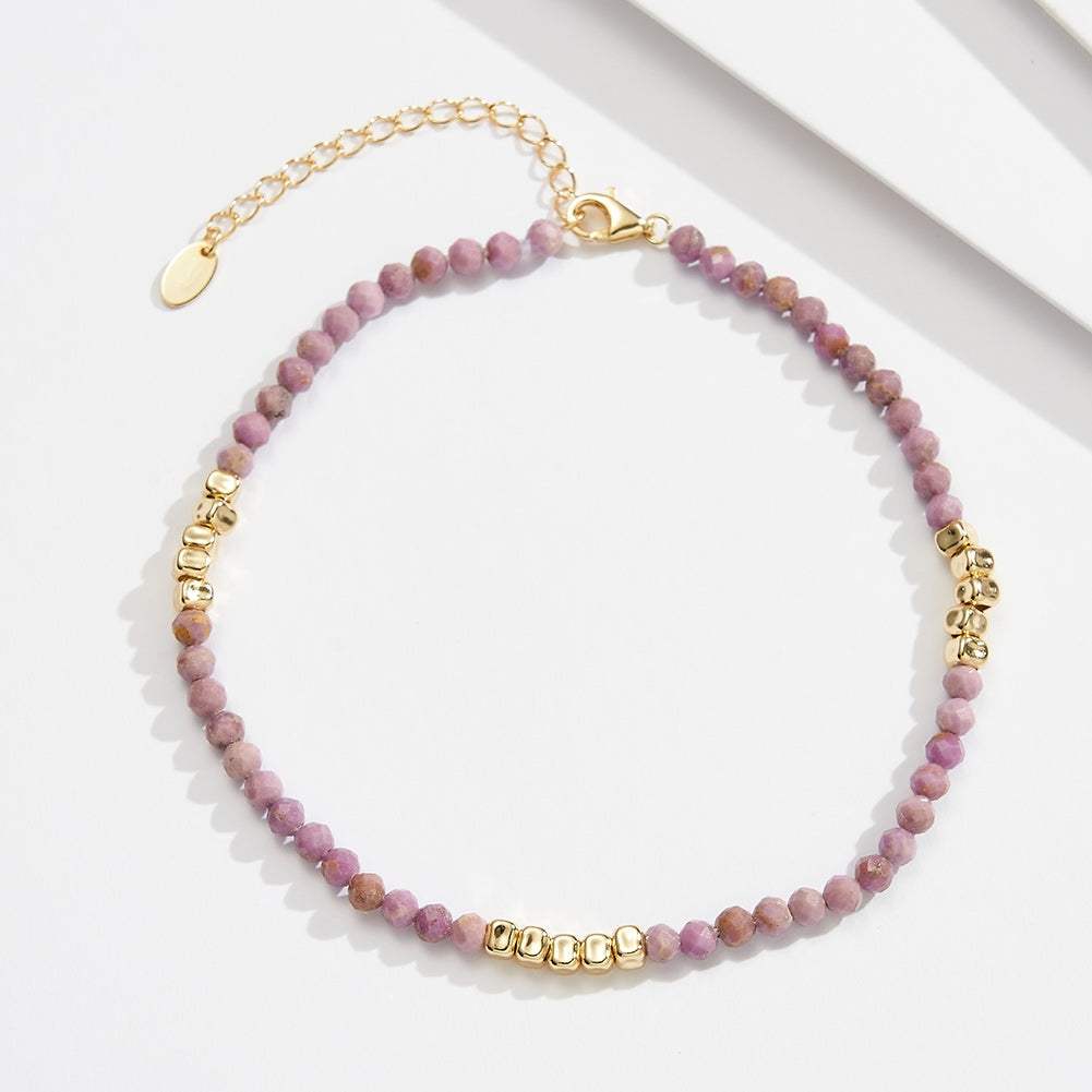 14K Gold Plated Geometric Beaded Sterling Silver Anklet with Purple Mica Stone