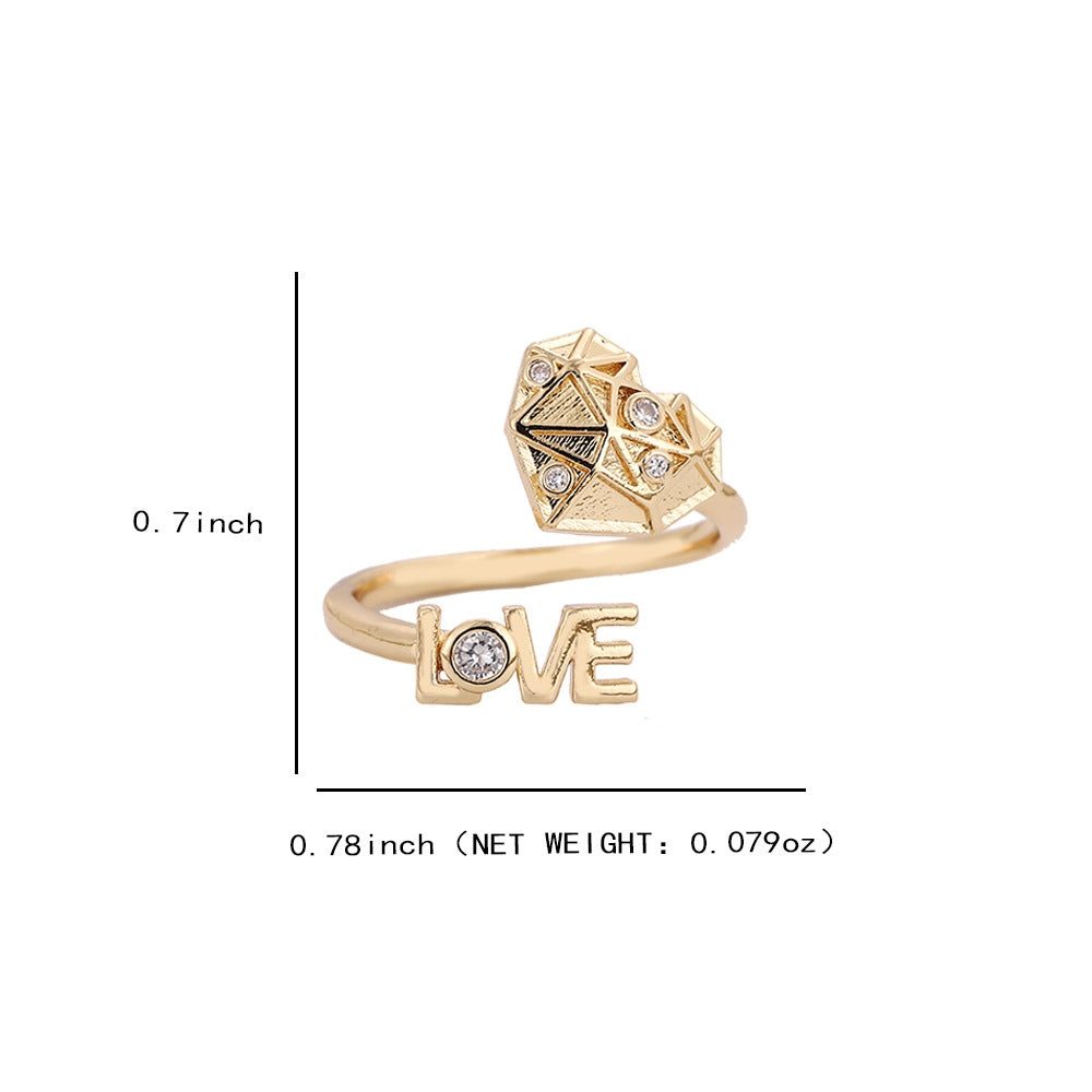 Simple Geometric Heart Copper Ring with 18k Gold and Silver Plating, Adjustable Rhinestone Design