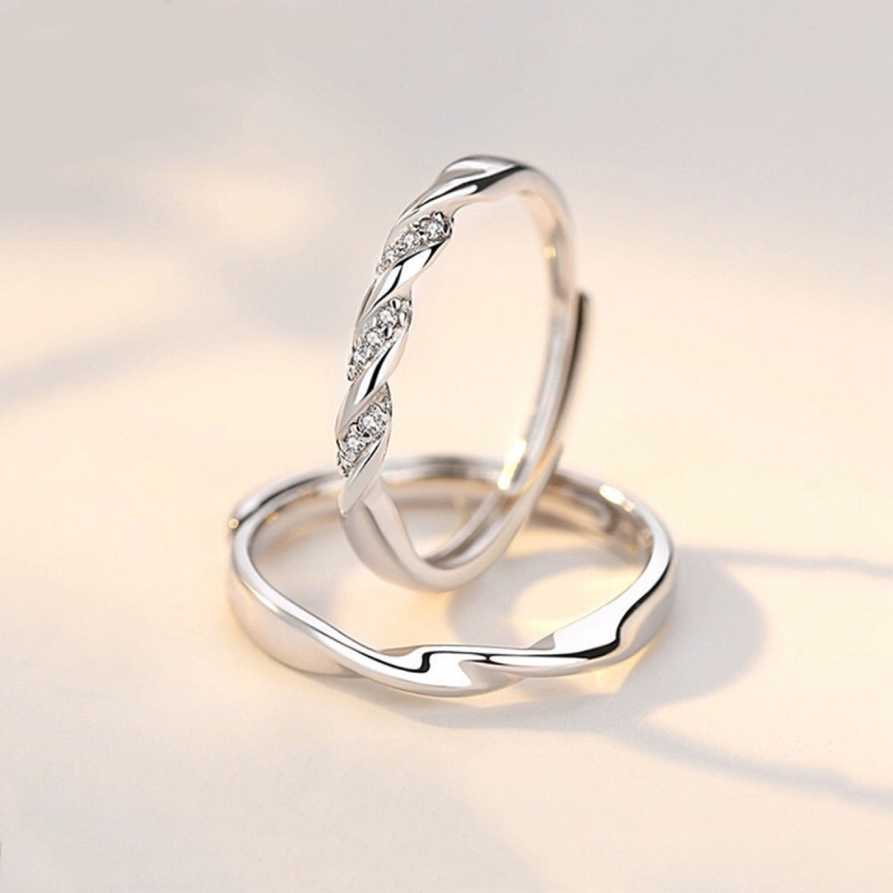 Simple Geometric Zircon Inlay Mobius Couple Rings