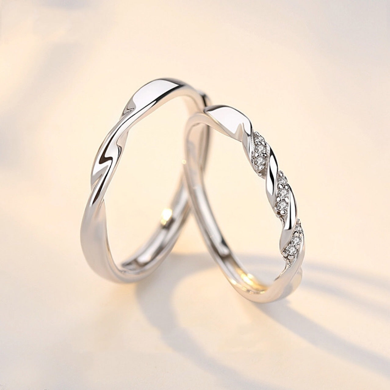 Simple Geometric Zircon Inlay Mobius Couple Rings