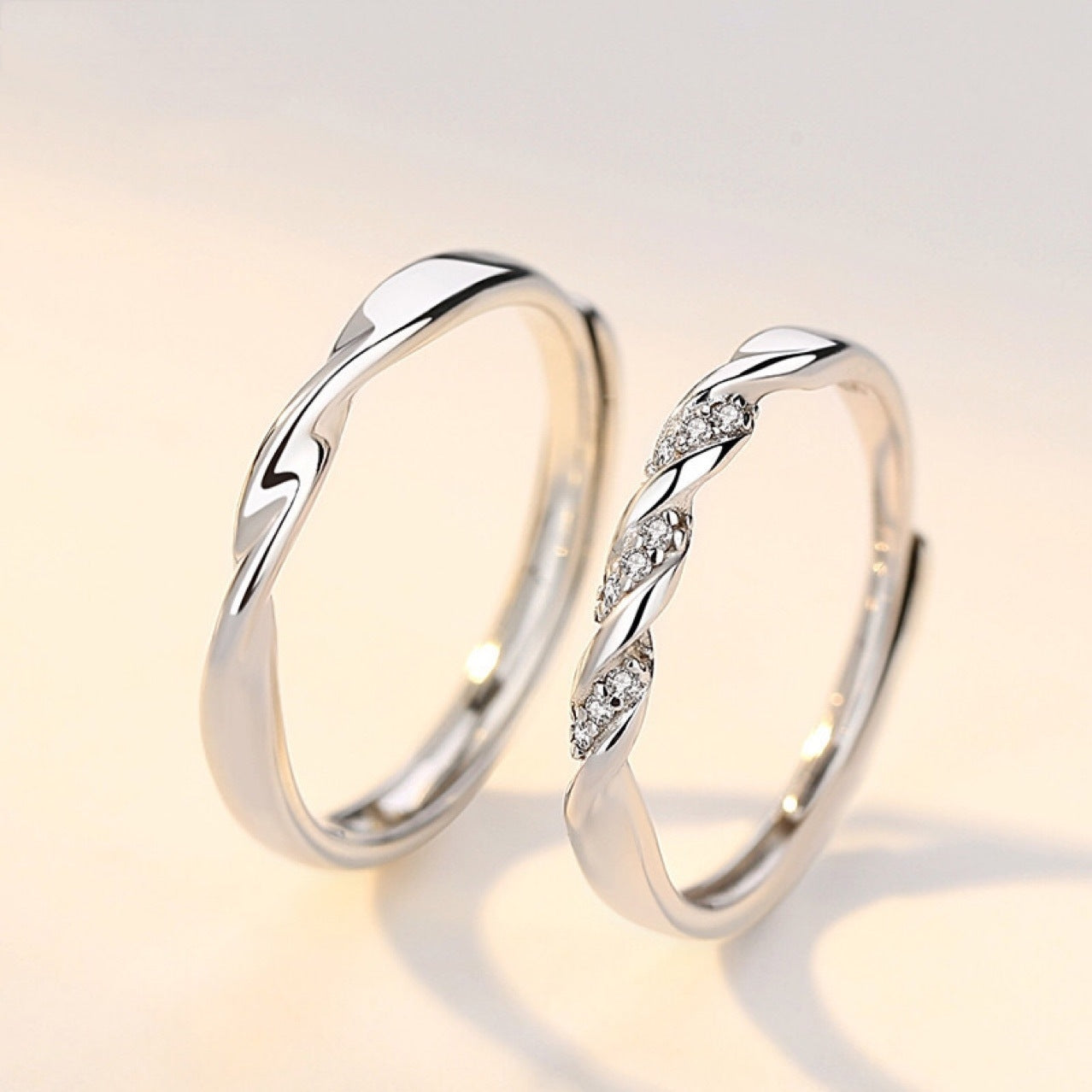 Simple Geometric Zircon Inlay Mobius Couple Rings