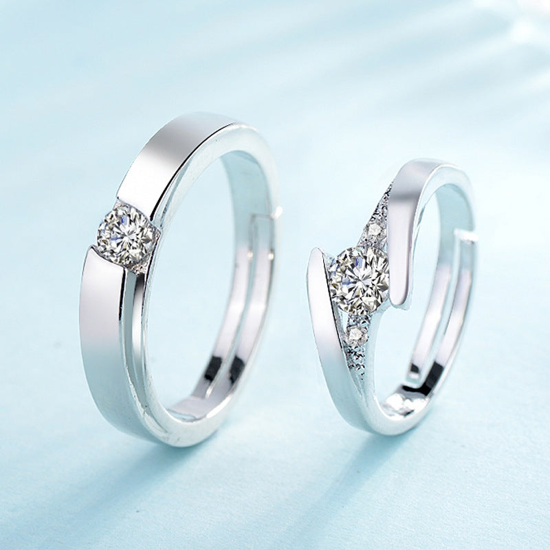 Simple Geometric Silver-Plated Rhinestone Couple Rings