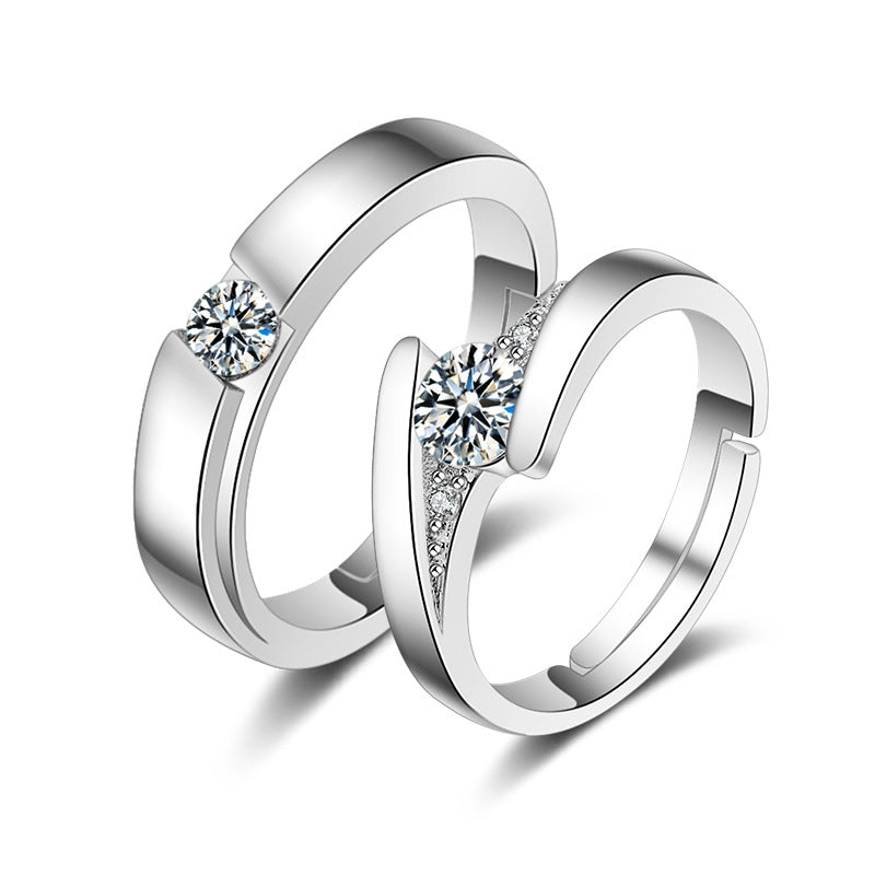 Simple Geometric Silver-Plated Rhinestone Couple Rings