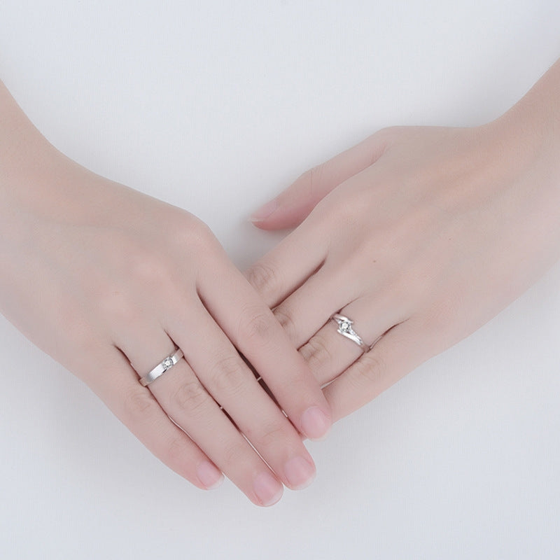 Simple Geometric Silver-Plated Rhinestone Couple Rings