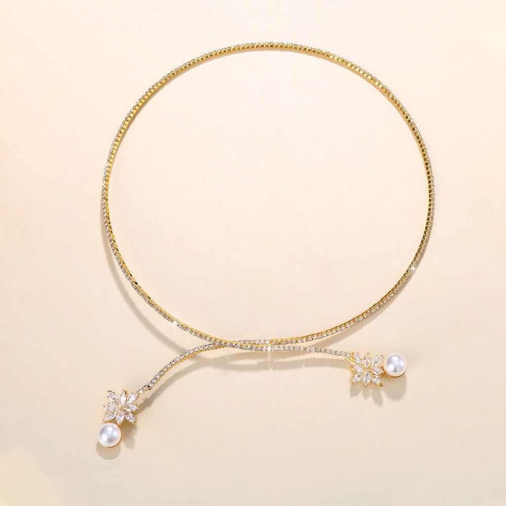 Geometric Flower Rhinestone Pearl Bridal Choker Necklace