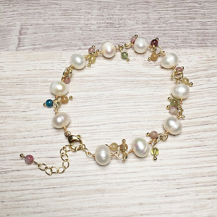 Simple Geometric Freshwater Pearl and Tourmaline Bracelet