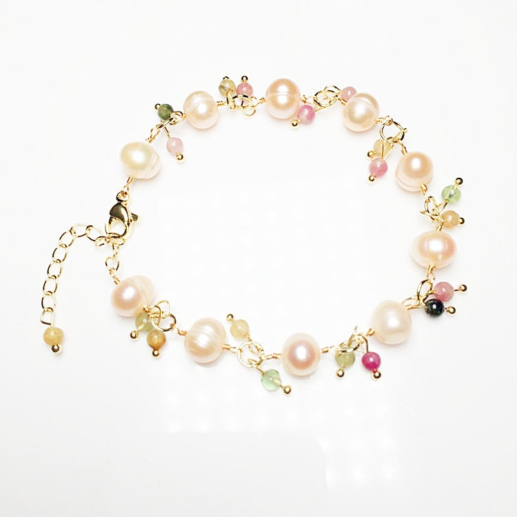 Simple Geometric Freshwater Pearl and Tourmaline Bracelet