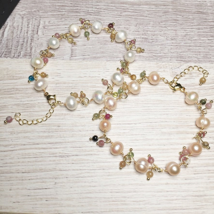 Simple Geometric Freshwater Pearl and Tourmaline Bracelet