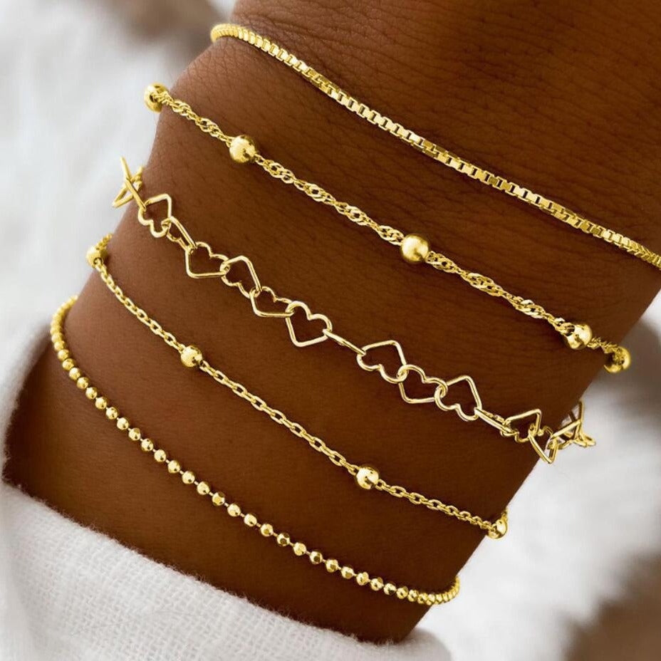 Geometric Heart Shape Gold Bead Bracelet Set - 5 Piece Simple Style Jewelry