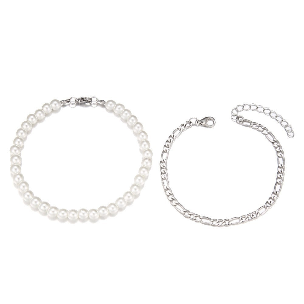 Geometric Imitation Pearl Double Layered Chain Bracelet for Men and Women